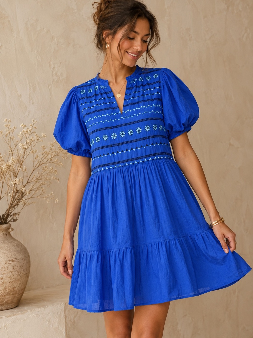 THML Embroidered Puff Sleeve Mini Dress - XS